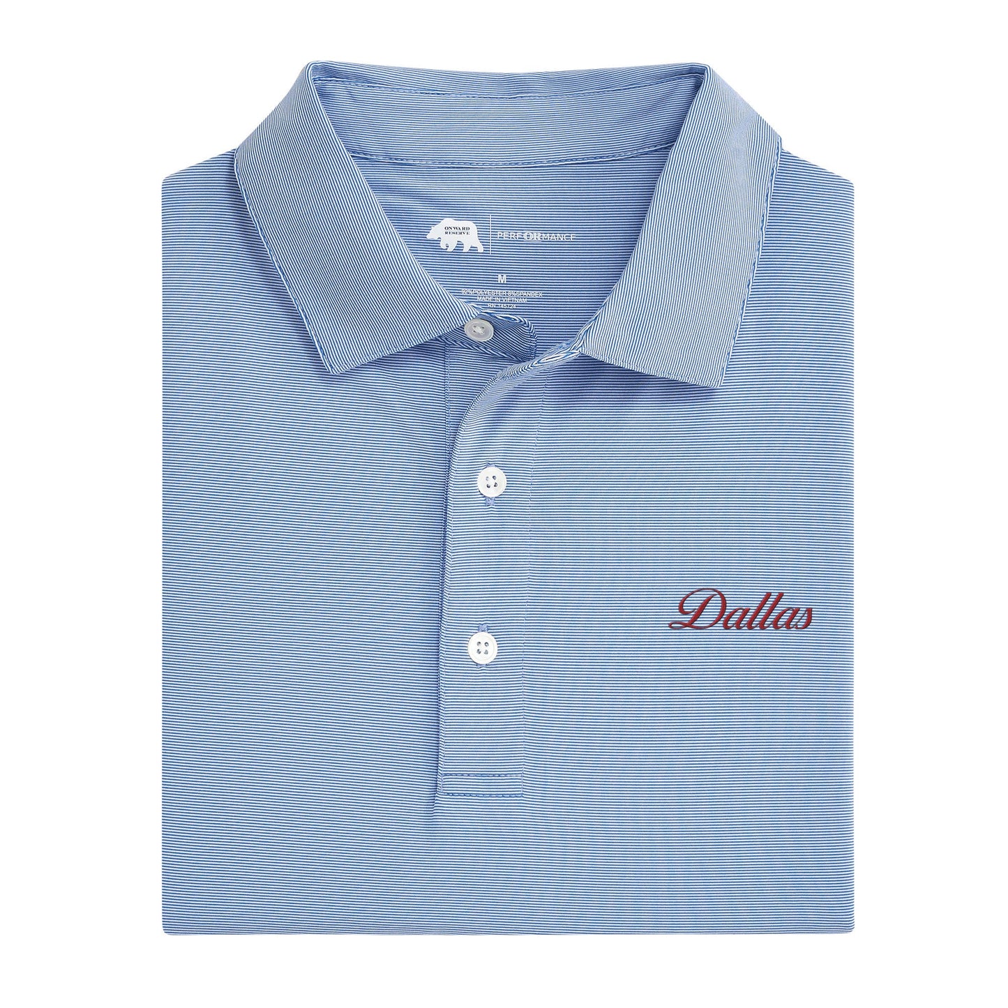 Onward Reserve SMU Dallas Vintage Script Hairline Stripe Performance Polo