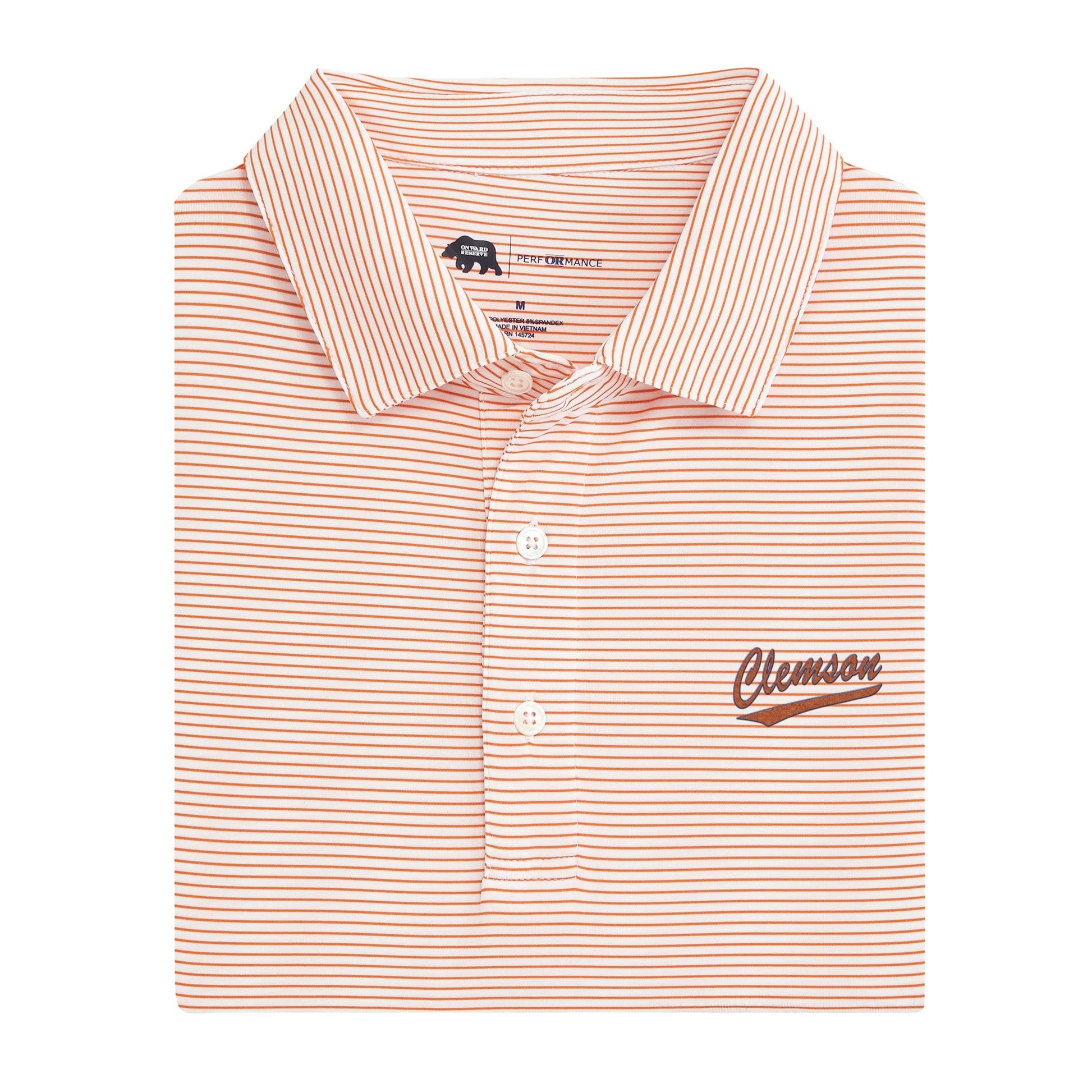Onward Reserve Clemson Script Birdie Stripe Performance Polo