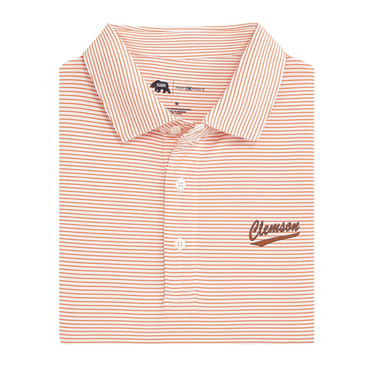 Onward Reserve Clemson Script Birdie Stripe Performance Polo