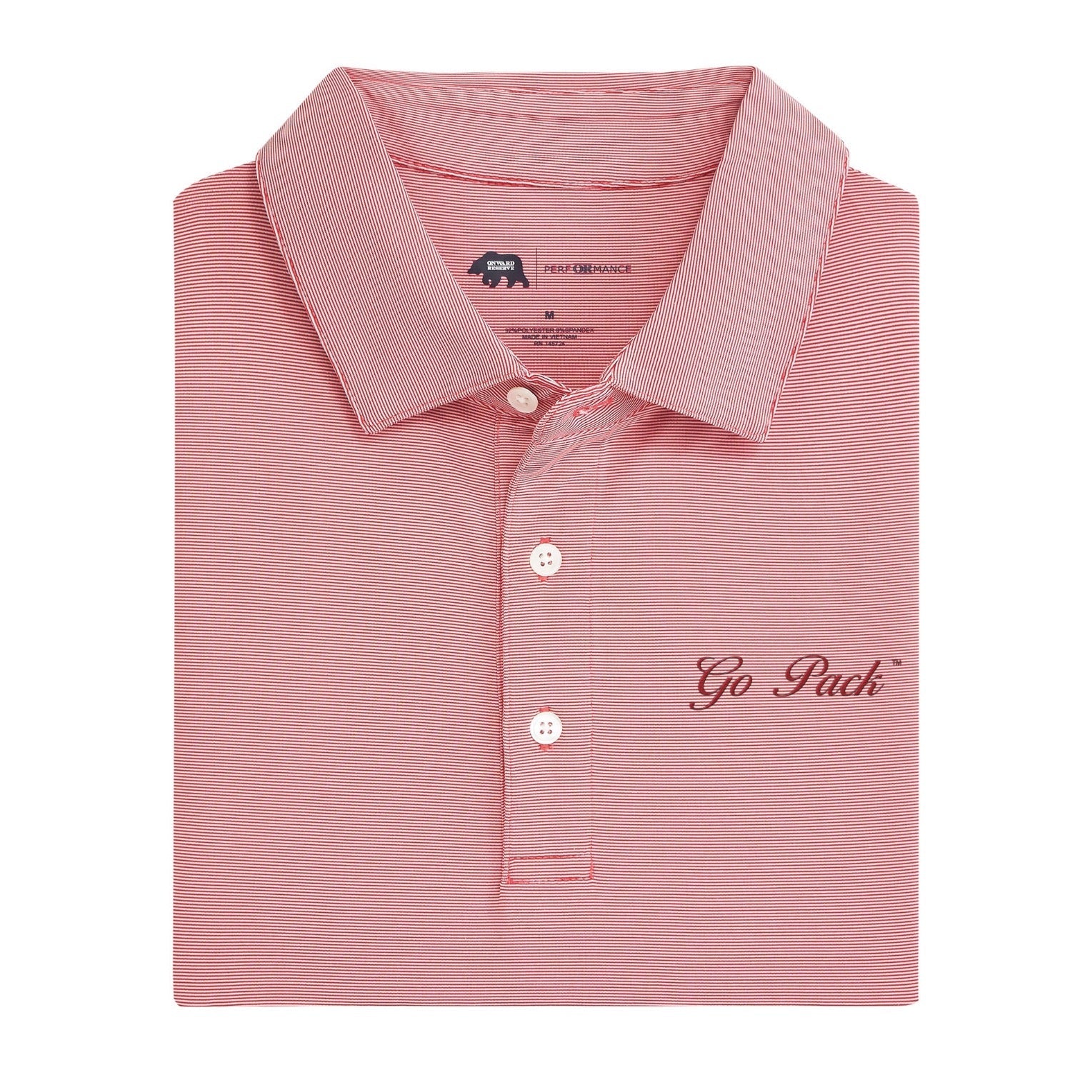 Onward Reserve NC State Go Pack Vintage Script Hairline Stripe Performance Polo