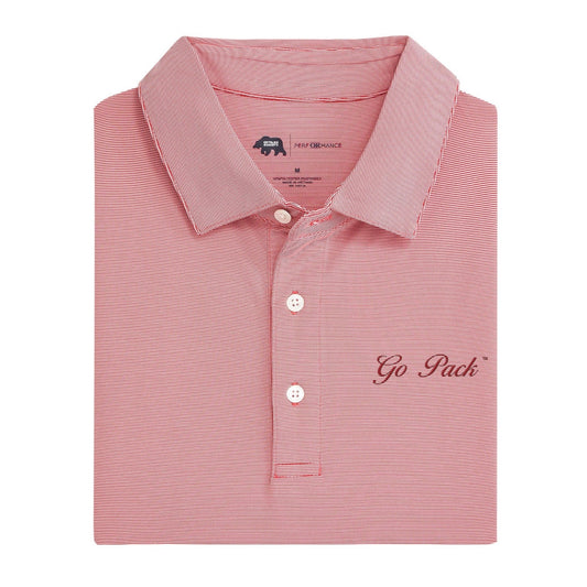 Onward Reserve NC State Go Pack Vintage Script Hairline Stripe Performance Polo