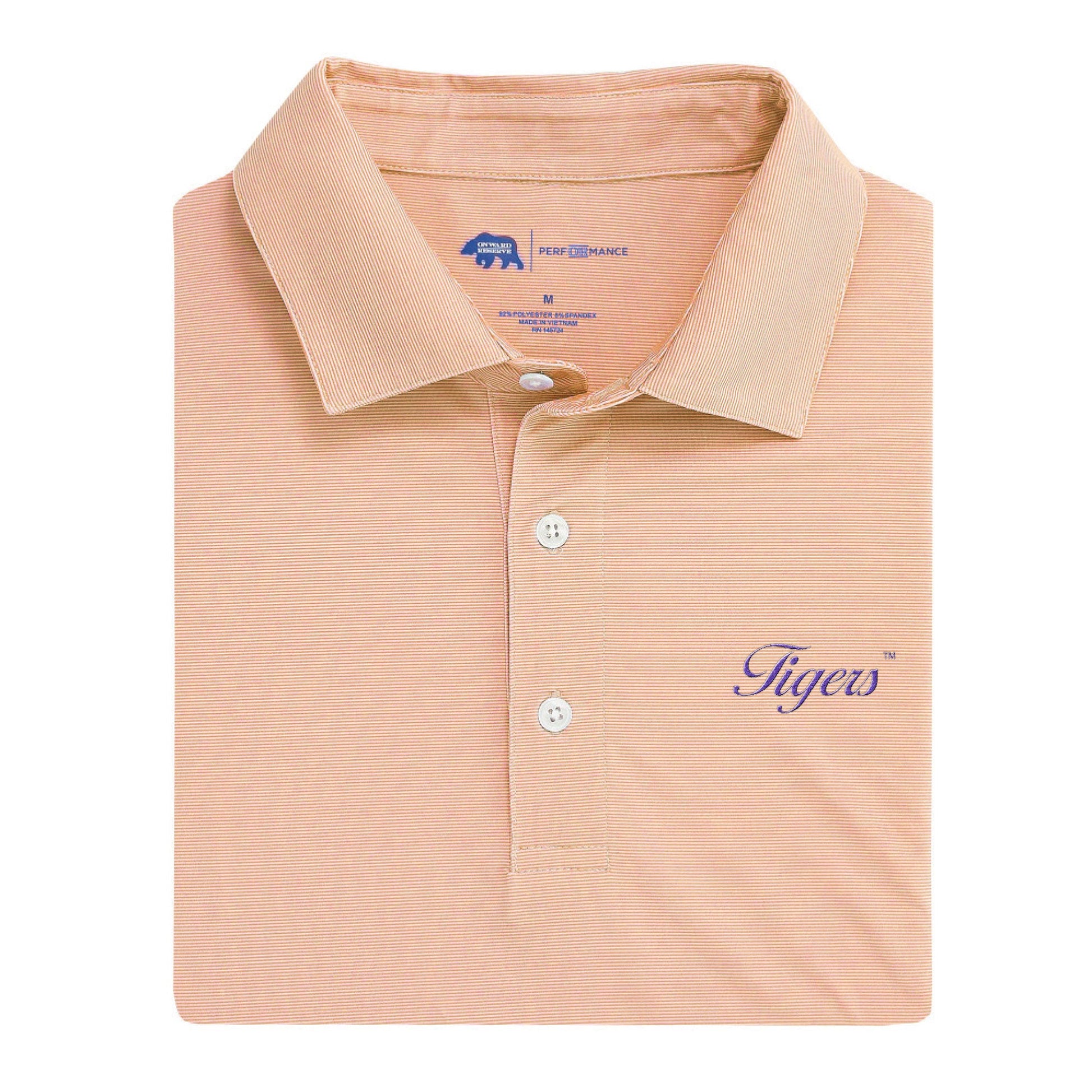Onward Reserve Clemson Tigers Vintage Script Hairline Stripe Performance Polo