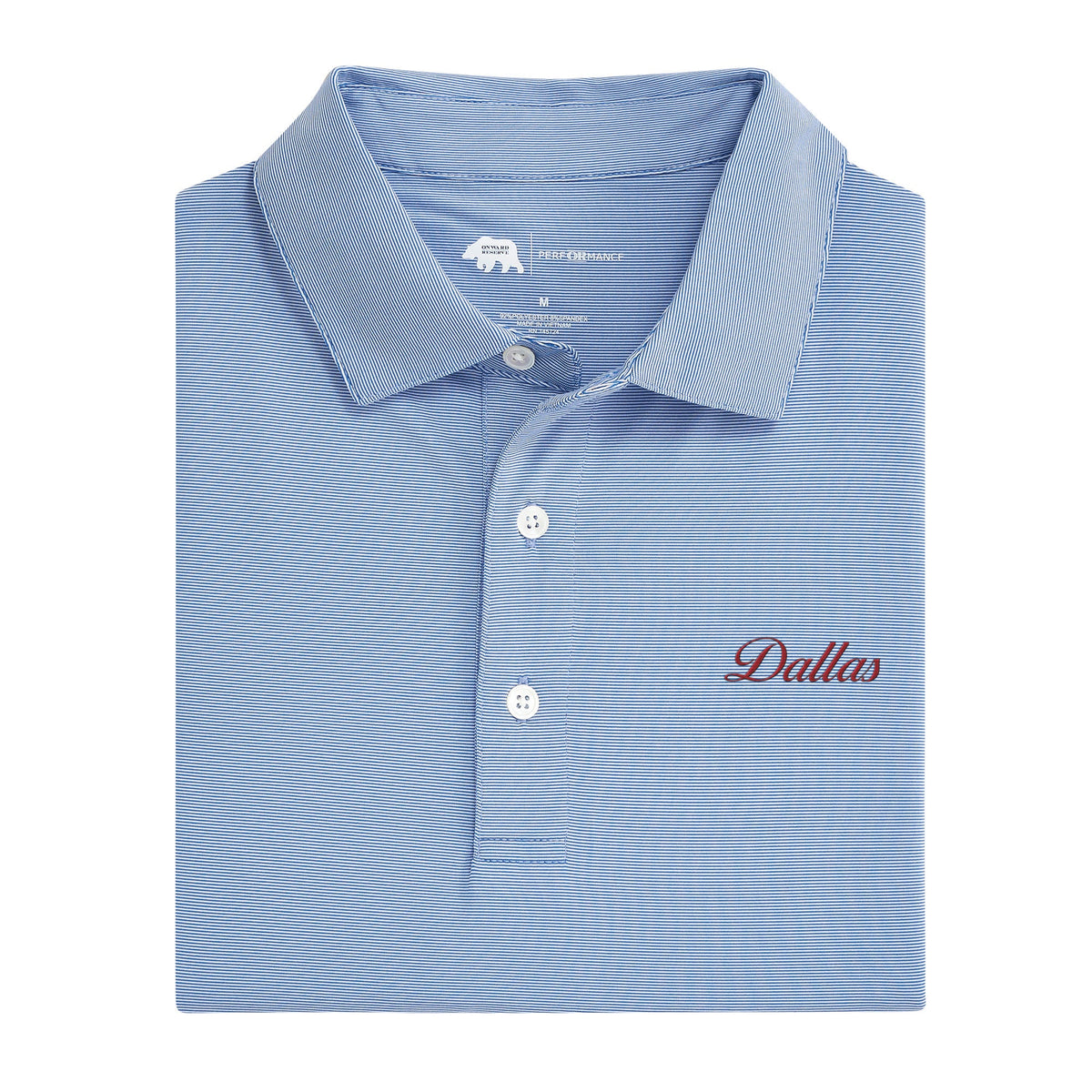 Onward Reserve SMU Dallas Vintage Script Hairline Stripe Performance Polo