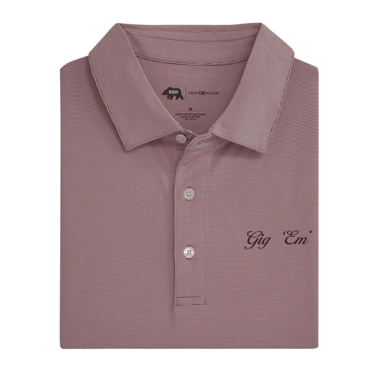 Onward Reserve Texas A&M Gig 'Em Vintage Script Hairline Stripe Performance Polo