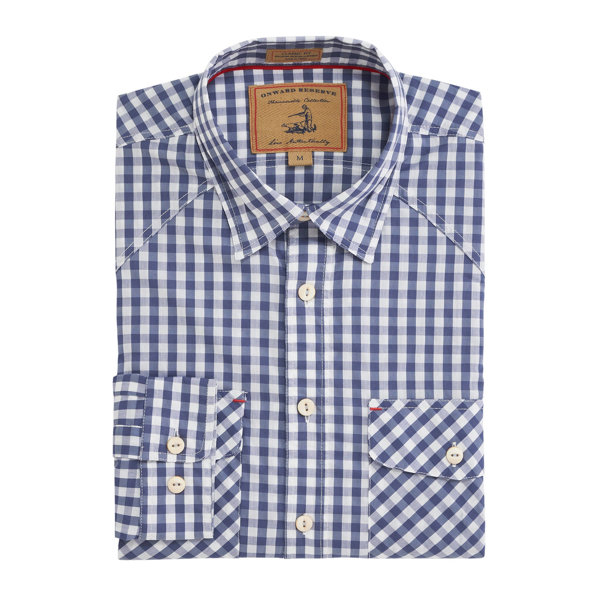 Onward Reserve Blue Indigo Gingham Waterfront Performance Fishing Shirt